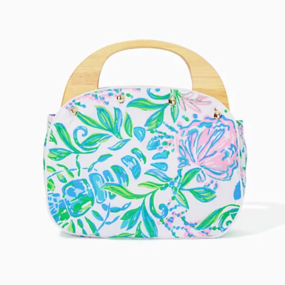 Lilly Pulitzer White Multicolor Floral Print Tote with Wooden Handles